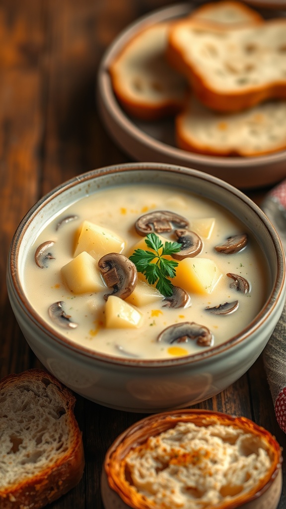 A creamy bowl of potato mushroom soup with parsley garnish, on a rustic wooden table with bread.